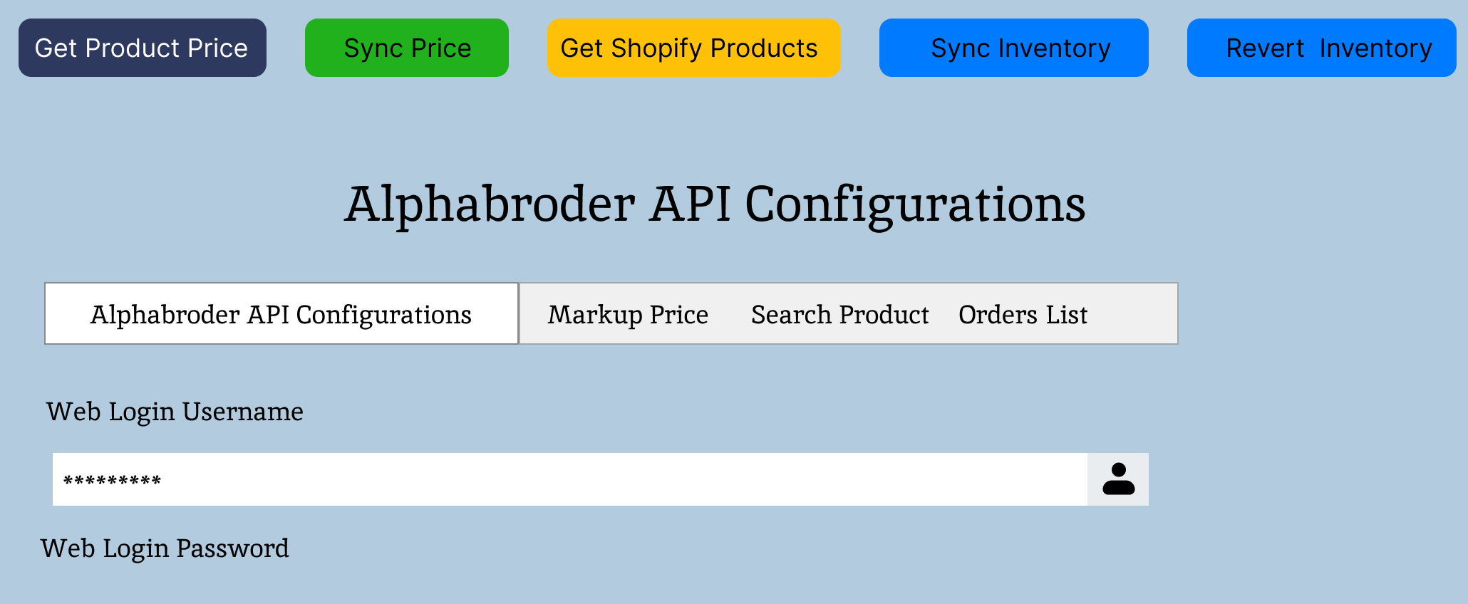 AlphaBroder APIs Credential Section
