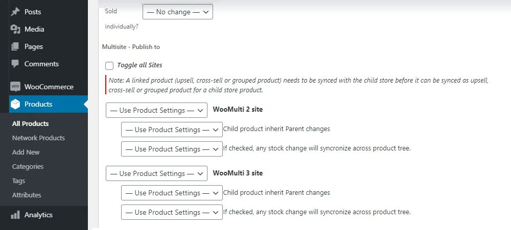 Add products to woocommerce multistore