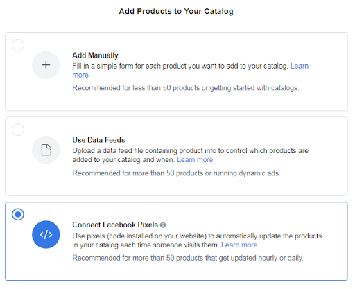 Connect Facebook Pixels to add products to catalog